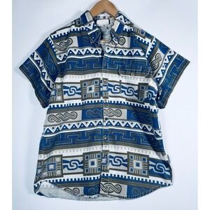 Vintage Cotler Hawaiian Shirt Mens Small Blue Ivory Geometric Cotton Button Down